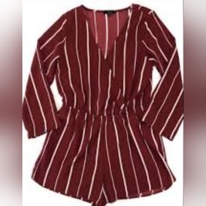 Red V Neck Striped Romper In Large